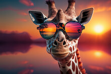 Giraffe In The Sunset Wearing Sunglasses