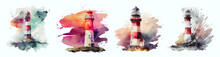 Colorful Set Of Lighthouses In Watercolor Style Isolated On White Background. Watercolor Lighthouse Illustration. A Tower With A Searchlight On The Shore. Ideal For Postcard, Book, Poster, Banner