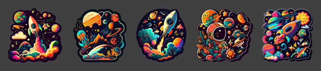 cartoon psychedelic retro space sticker flat style on black background. space dark set of bright sti