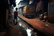 Boy Walks on a Narrow Slum Alleyway - Generative Ai