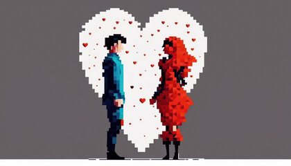 Wall Mural - Pixel art of heart and couple with pastel color background. Love and valentine day concept. Generative AI