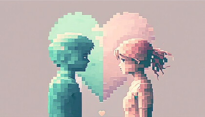 Wall Mural - Pixel art of heart and couple with pastel color background. Love and valentine day concept. Generative AI