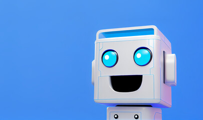 3d white friendly robot head on blue background. Generative AI.