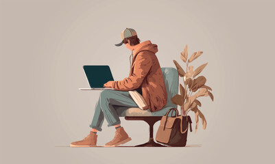 Sticker - young man sitting down working with a laptop, isolated, abstract vector illustration. modern and minimalist design