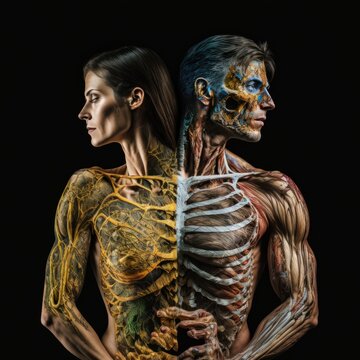 anatomy couple contemporary dance, shake bones, skull, muscles, veins, love, medicine, artistic, human body, GENERATIVE AI 