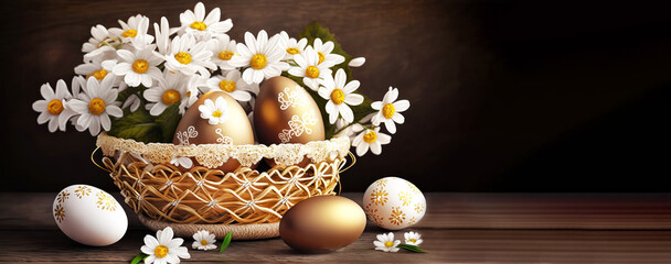 Wall Mural - Happy easter, Golden easter eggs and white flowers in a golden basket on wooden table. Ai generate image