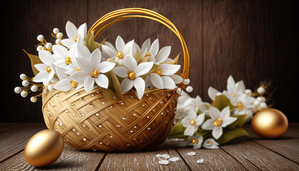 Wall Mural - Happy easter, Golden easter eggs and white flowers in a golden basket on wooden table. Ai generate image