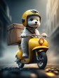 cute little dog riding a delivery motorcycle, generative AI
