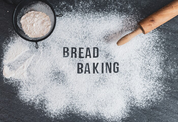 The inscription on the flour: baking bread with a rolling pin and a sieve.