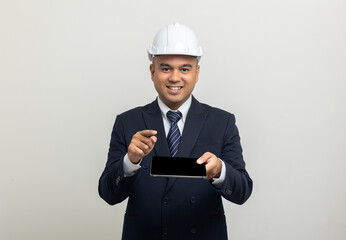 Businessman manager owner real estate working with digital tablet on isolated white background. Cooperation of architect designer. Engineer with safety helmet checking at working construction site