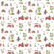 Forest animals picking berries in a strawberry garden seamless pattern in kids style. A frog on a tractor is carrying a harvest, mice and a raccoon are picking strawberries. Illustrated background.