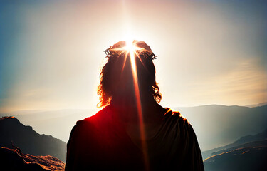 back view of jesus christ with crown of throne looking and praying to god with a sunrise sky backgro