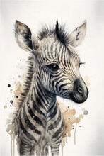 Watercolor Painting Of A Zebra On A White Background. Generative Ai.