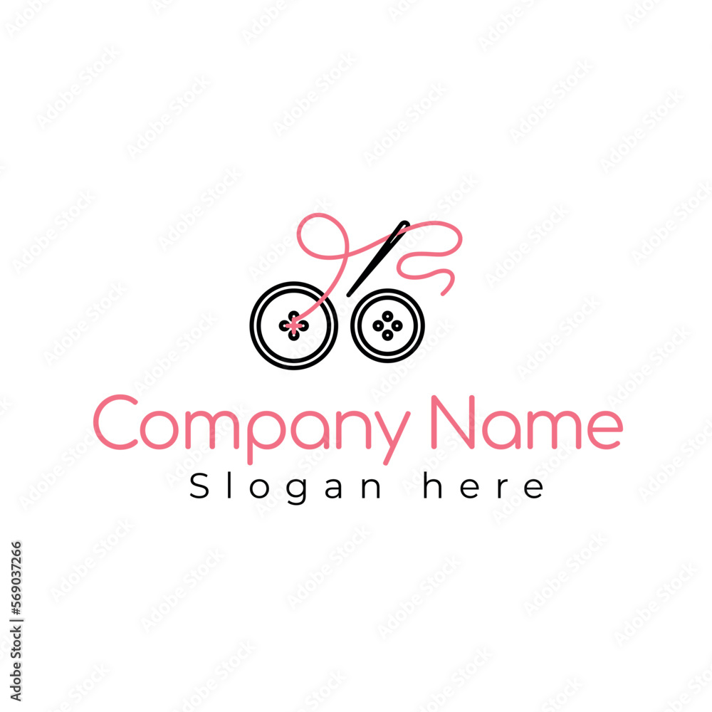 logo icon with sewing needle and two buttons in black and pink colors ...