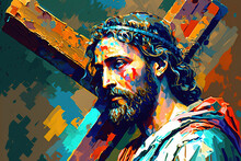 Jesus Christ Carrying Cross Portrait , Abstract Original Art For Easter Holiday And Good Friday, Generative Ai