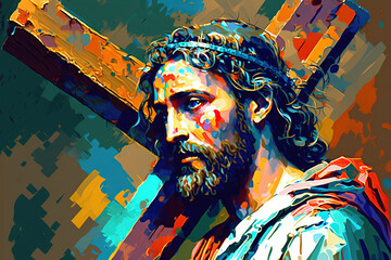 Wall Mural - Jesus Christ carrying cross portrait , abstract original art for easter holiday and good friday, easter, God, generative ai