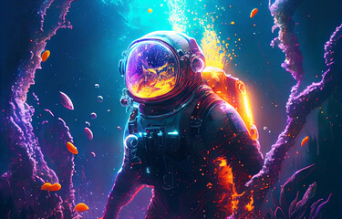 Wall Mural - futuristic astronaut in cyber suit and helmet explorer underwater in alien planet. conquering galaxi