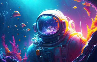 futuristic astronaut in cyber suit and helmet explorer underwater in alien planet. conquering galaxi