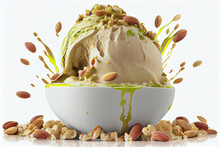 Pistachio Ice Cream Splashing In Bowl On White Backdrop AI Generative Stock Image
