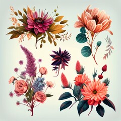  Watercolor flowers set. Collection of decorative elements bright colorful flowers, leaves, grass, hand drawn with watercolors. Decoration Watercolor flowers isolated. Generative AI
