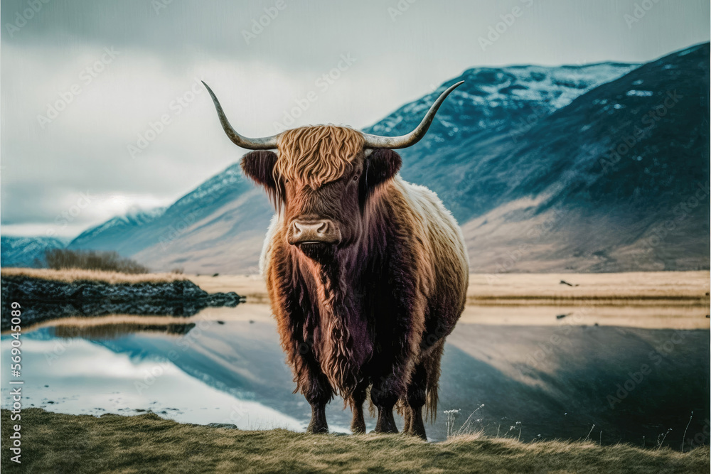 highland cow with horns standing in front of lake with snow covered ...