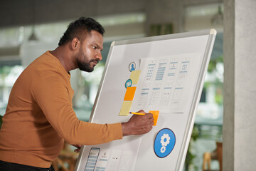 Wall Mural - art director checking mobile interface mockup and writing what to correct on bright orange sticky no