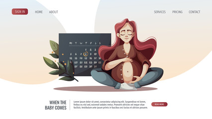 Pregnant woman hugging her belly. Monthly calendar. Motherhood, baby waiting, Pregnancy concept. Vector Illustration for poster, banner, website.