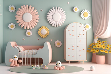 modern child bedroom with squishy huge daisy flowers decorating the walls, generative ai illustration with soft colors