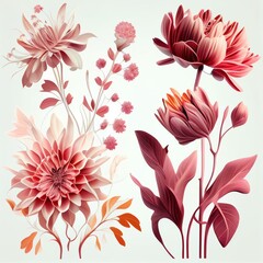  Watercolor flowers set. Collection of decorative elements bright colorful flowers, leaves, grass, hand drawn with watercolors. Decoration Watercolor flowers isolated. Generative AI