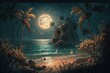 Wallpaper landscape of island beaches at night with full moon and glowing, birds, trees and plants in vintage style