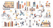 © VectorMine - City life scenes and daily urban routine elements tiny person collection set, transparent background. Environment with real estate, business office, transportation.