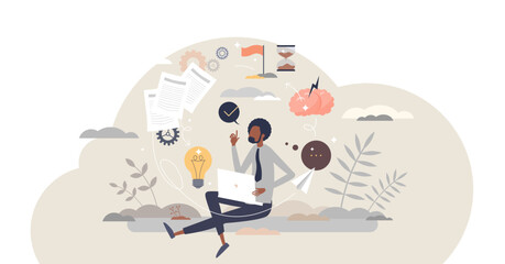 Wall Mural - Creative process and innovative idea project thinking tiny person concept, transparent background. Research and new work planning with brainstorming, solution finding and creativity illustration.