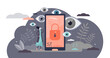 Privacy as personal data protection with security safety tiny persons concept, transparent background. Abstract eyes peek in private files on mobile phone illustration.