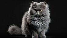 Grey Persian Cat Facing Forward Isolated On Black Background