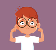 Unhappy Boy Covering His Ears Vector Cartoon Illustration. Sad Boy Suffering From Sensory Sensitivity Condition Overwhelmed By Loud Noise
