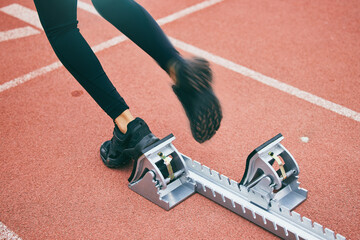 Sticker - Feet, running and race start blocks with woman athlete on stadium, motion blur and speed, action and fitness outdoor. Training, runner sneakers and sports training with exercise and cardio on track