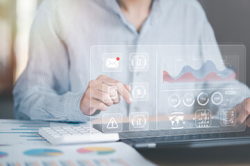 Poster - accountant calculating numbers and company financial growth chart with calculator, analysis of company financial data planning, appraisal and budget review concept of finance and investment