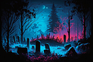 Wall Mural - moonlit cemetery on a field. Generative AI