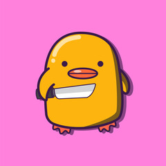 cartoon illustration cute duck holding knife