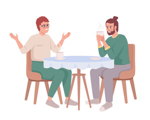 Wall Mural - Male friends discussing latest news over coffee semi flat color vector characters. Editable figures. Full body people on white. Simple cartoon style illustration for web graphic design and animation