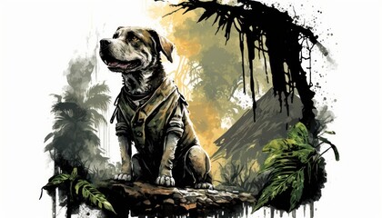 Creative 4k high resolution wallpaper art of a dog inspired by game movie with Prehistoric environments with dinosaurs and tropical island settings by Sumi-e (generative AI)