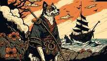 Creative 4k High Resolution Wallpaper Art Of A Dog Inspired By Game Movie With Swashbuckling Pirate Adventures On The High Seas With Action, Humor, And Supernatural By Ukiyo-e (generative AI)
