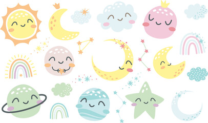 Wall Mural - Cute vector set. Sleeping planets. Sun, flax, uranium, Pluto, stars and other planets, rainbow. Cute children's illustrations.