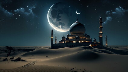 A celestial odyssey: moonlit mosque illuminates desert