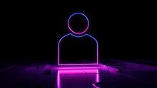 Pink And Blue Social Technology Concept With User Symbol As A Neon Light. Vibrant Colored Icon, On A Black Background With High Tech Floor. 3D Render