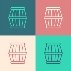 Sticker - Pop art line Gun powder barrel icon isolated on color background. TNT dynamite wooden old barrel. Vector