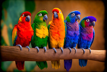 Five Colored Parrots Cheerful On Their Heads Sit On A Branch. Generative AI Technology.