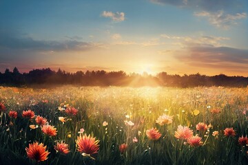 nature backdrop. beautiful meadow with wild flowers over sunset sky. beauty nature field background 