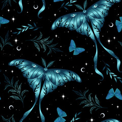 Wall Mural - Seamless magic blue vector pattern. Moon moth, herbs, stars. Bohemian fabric design. Contemporary composition.