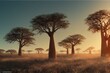 Leinwandbild Motiv African baobabs in the savannah at sunrise. Generative AI